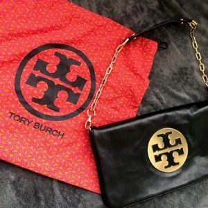 Tory Burch Reva Clutch Purse Black Leather & Gold